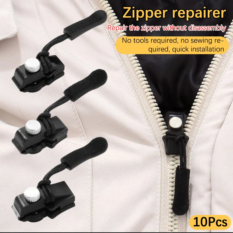 

10Pcs Universal Zipper Repair Kit Quick Instant Detachable Zipper Head Free Sewing Zipper Slider Pull For Jacket Bags Coat