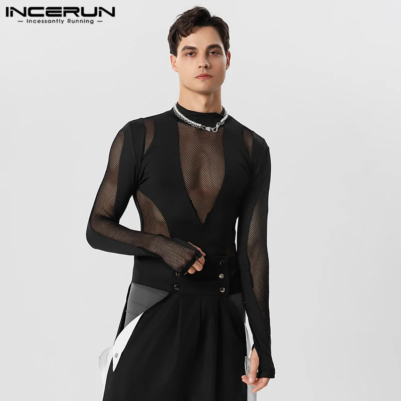 Men Bodysuits Mesh Patchwork Transparent Turtleneck Long Sleeve Rompers Men T Shirt 2024 Sexy Fitness Party Bodysuits INCERUN