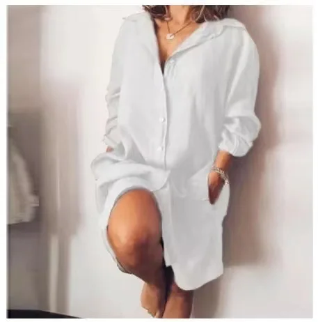 Autumn Cotton Linen Women\'s Shirt Dress Long Sleeve Solid White Casual Dresses Female 2024 New Summer Women Plus Size Blouse