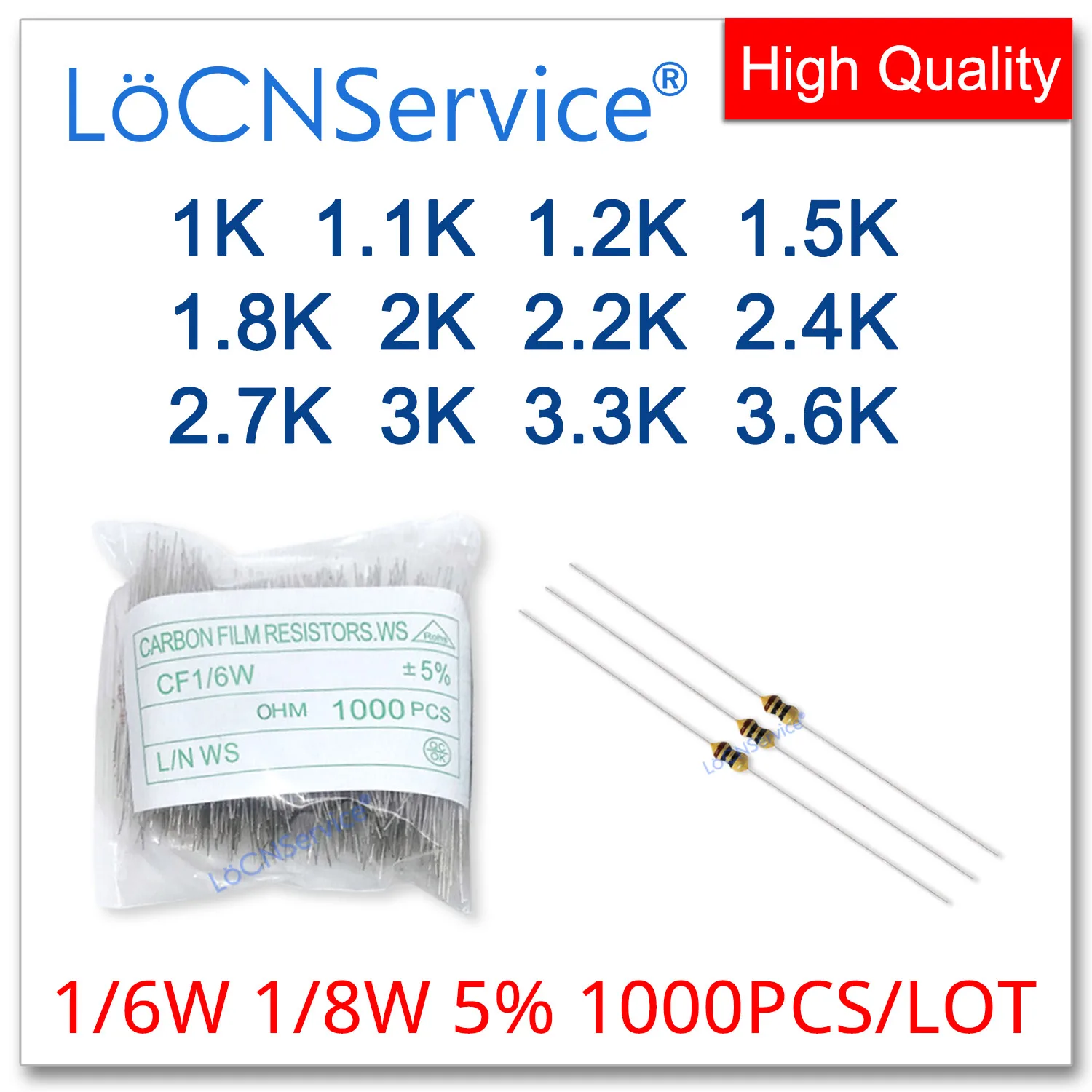 LoCNService 1000PCS/LOT 5% 1/6W 1/8W 1K 1.1K 1.2K 1.5K 1.8K 2K 2.2K 2.4K 2.7K 3K 3.3K 3.6K Carbon Film Resistor DIP OHM