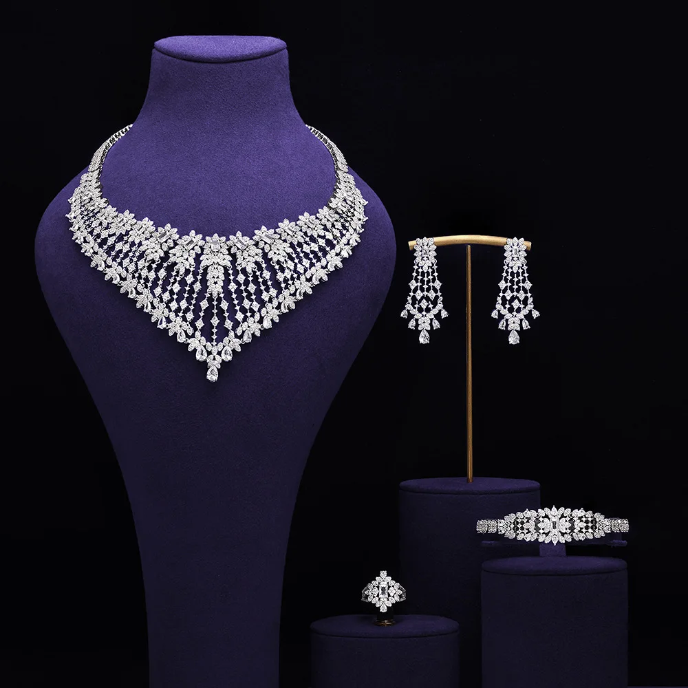 4Pcs Teardrop Royal Blue CZ Bridal Jewelry Set Necklace Earrings Bracelet Ring Women Formal Evening Accessory Christmas Gift