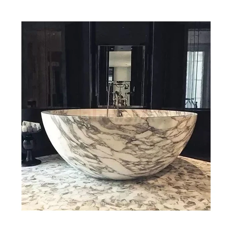 xx-Modern Calacatta Viola Marble Bathtub Freestanding Indoor Spa Soaking Tub with 12 Jets Durable Design 3-Year Warranty*