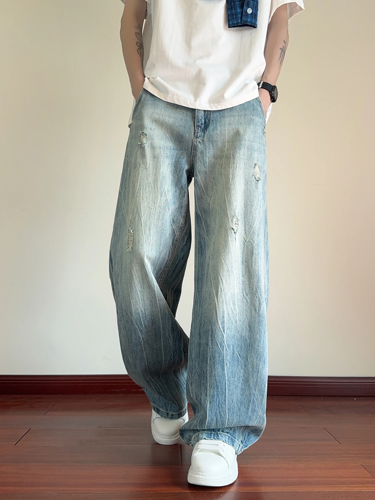 2025 Spring and Autumn American Style Washed Lightning Pattern Ripped Jeans Men's Loose Straight Wide-Leg Casual Blue Pants