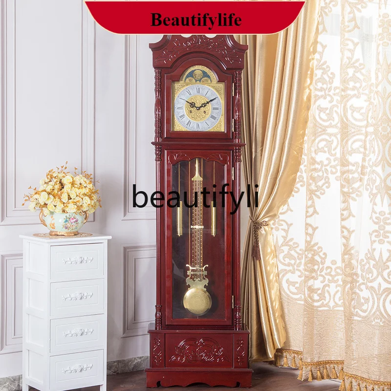 

F132 Floor clock solid wood hand-carved modern new Chinese living room timekeeping retro simple European mechanical clock