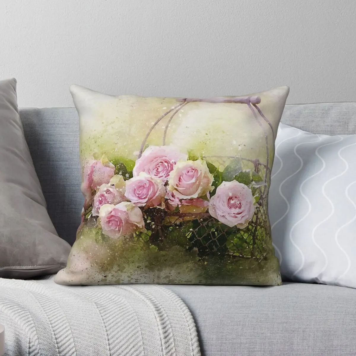 Vintage Chic Pink Roses In Basket Pillowcase Polyester Linen Velvet Printed Zip Decor Pillow Case Room Cushion Cover 18