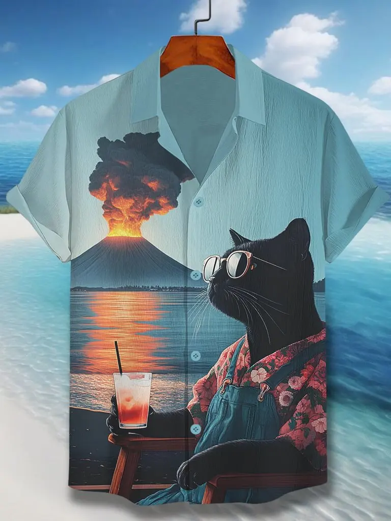 

Men's Black Cat Drinks Juice Shirts 3D Volcanic Eruption Print Casual Hawaiian Shirts Summer Men Women Short Sleeve Lapel Blouse