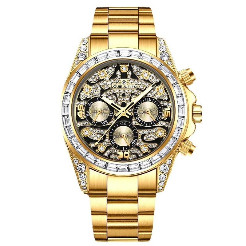 

Роскошные мужские часы с бриллиантами Iced Out Календарь Механические часы Неделя моды Дисплей Водонепроницаемые золотые автоматические часы Мужские