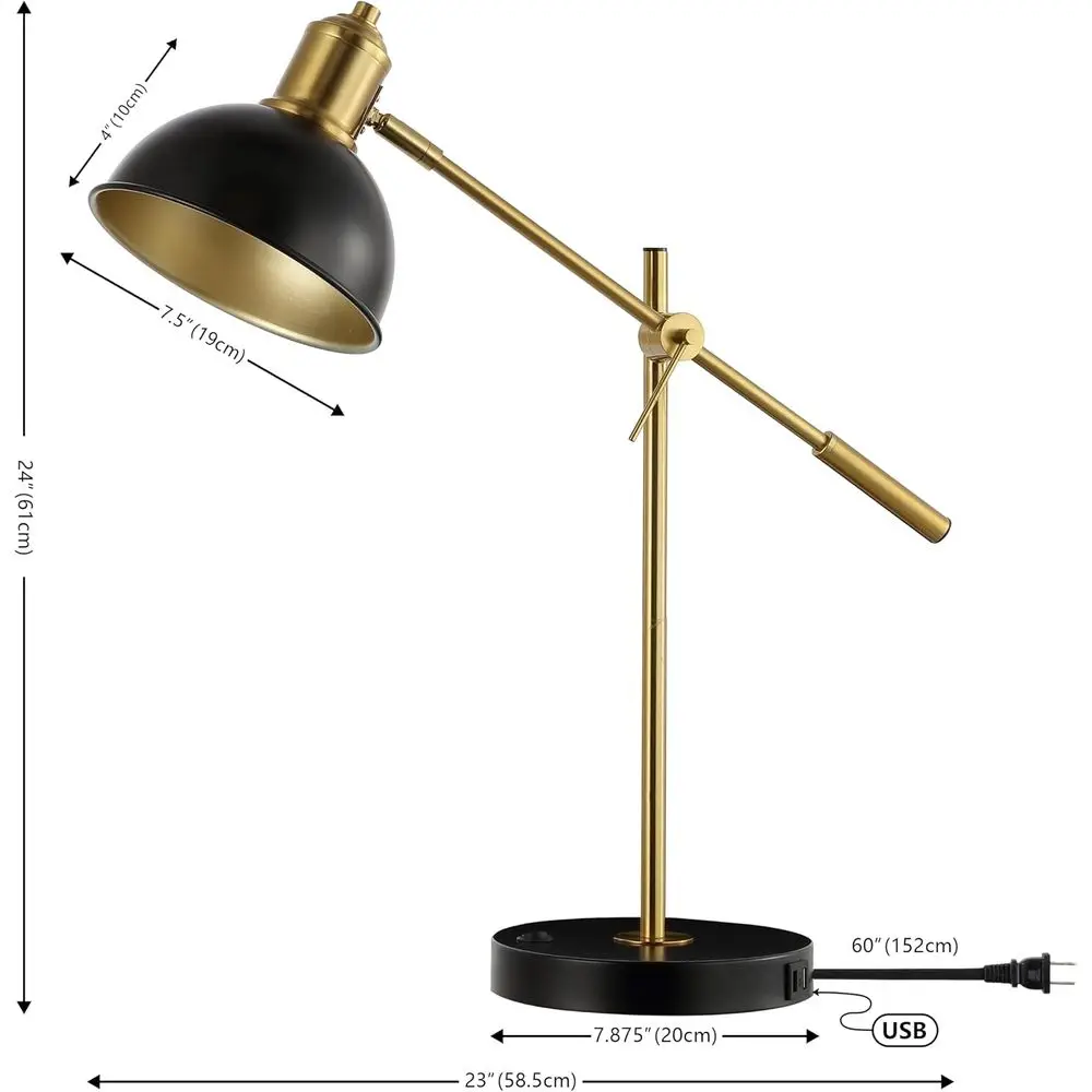 24-inch Adjustable Table Lamp with USB Port, Black/Brass Finish, Perfect for Living Spaces and Offices (LED Bulb Included) view 3