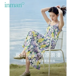 INMAN Women Suspended Dress 2023 Summer Sleeveless A-shaped Loose Artistic Pleated Floral Print Yellow Purple Black Skirt