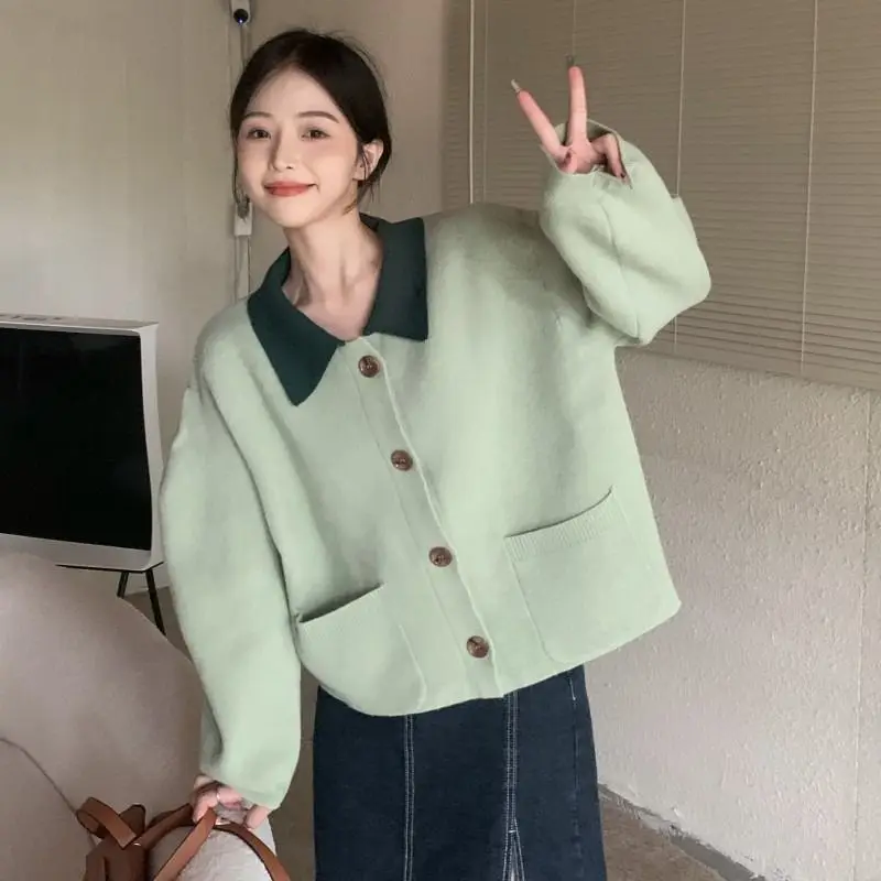 

Cardigan Lapels Autumn Patchwork Elegant French Style Women Fashion All-Match Casual Puff Sleeve Loose Short Sweater Coat