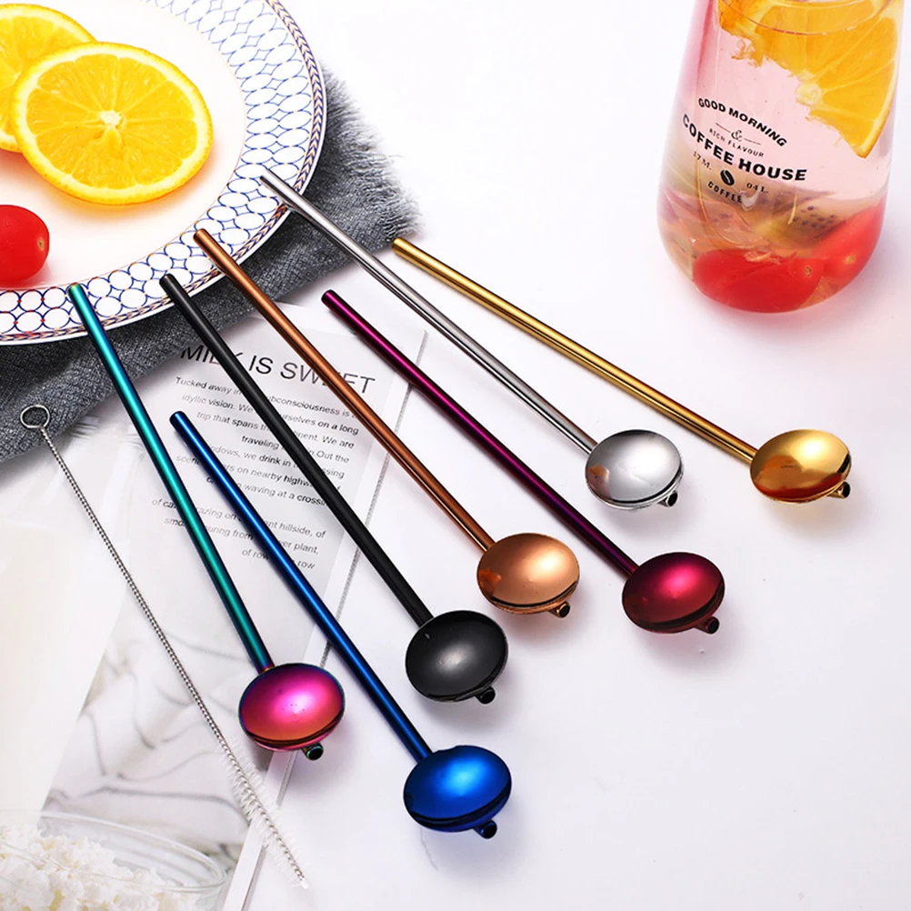 

304 Stainless Steel Strring Spoon Straw Round Spoon Head Drinking Spoon for Coffee Cocktail Smoothie (Rose Gold)