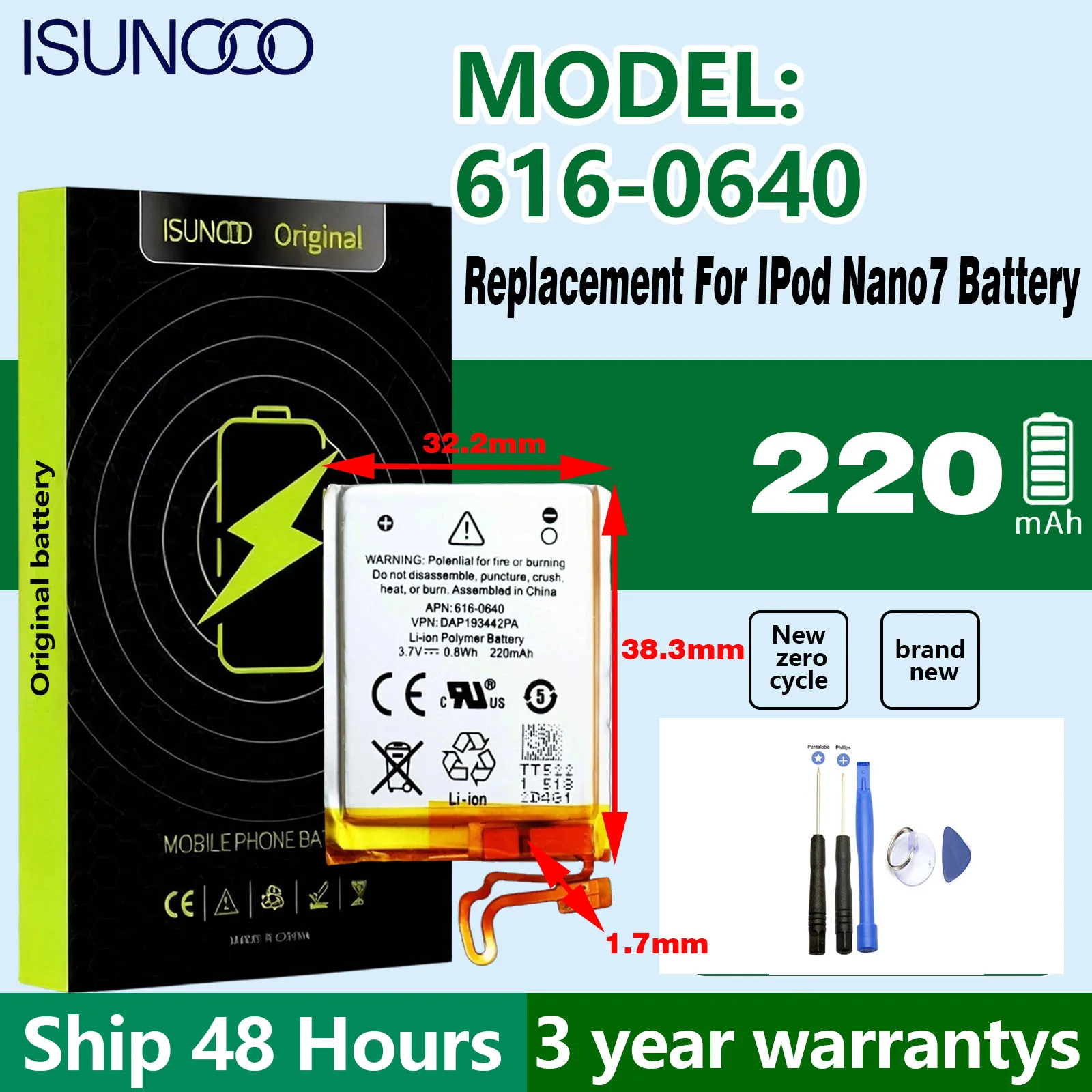 100% 220mAh  New 616-0640 For ipod Nano7  7G 7th Generation MP3 LReplacement For IPod Nano7 Battery  +Free Tools