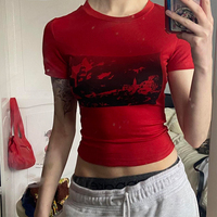 Women T-shirt Summer Red New Fashion Short Sleeve O-Neck Black Print Top T-shirt Casual Streetwear Sexy Slim Versatile Lady Tees