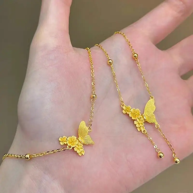 

Роскошное ожерелье из чистого золота 24 карата 9999, настоящее золото, бабочка, цветок, кисточка, цепочка принцессы на ключицу