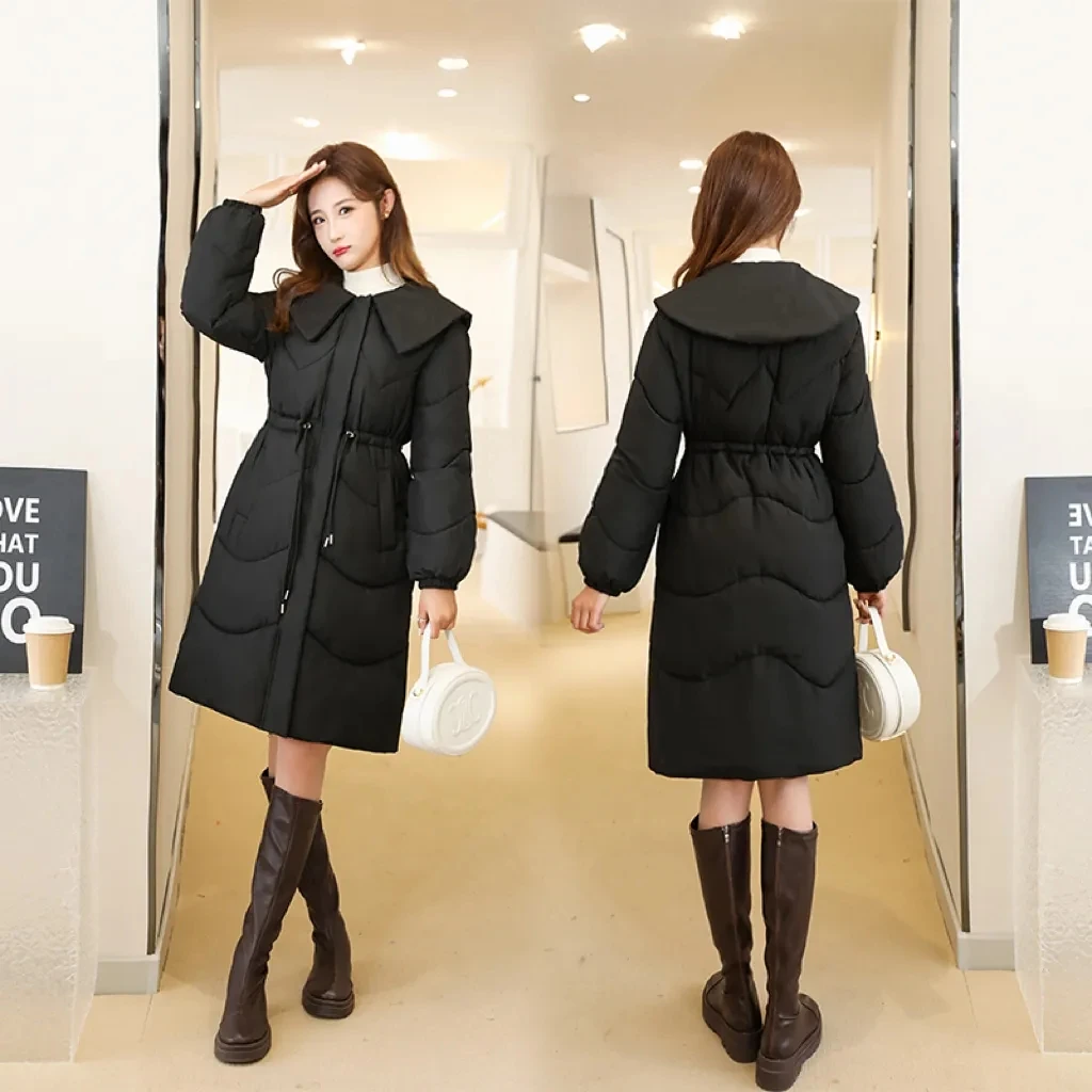 

Winter New Drawstring Women Jacket Thick 2023 Brown Harajuku Clothes Loose Korean Black Doll Collar Mid Length Cotton Coat Trend