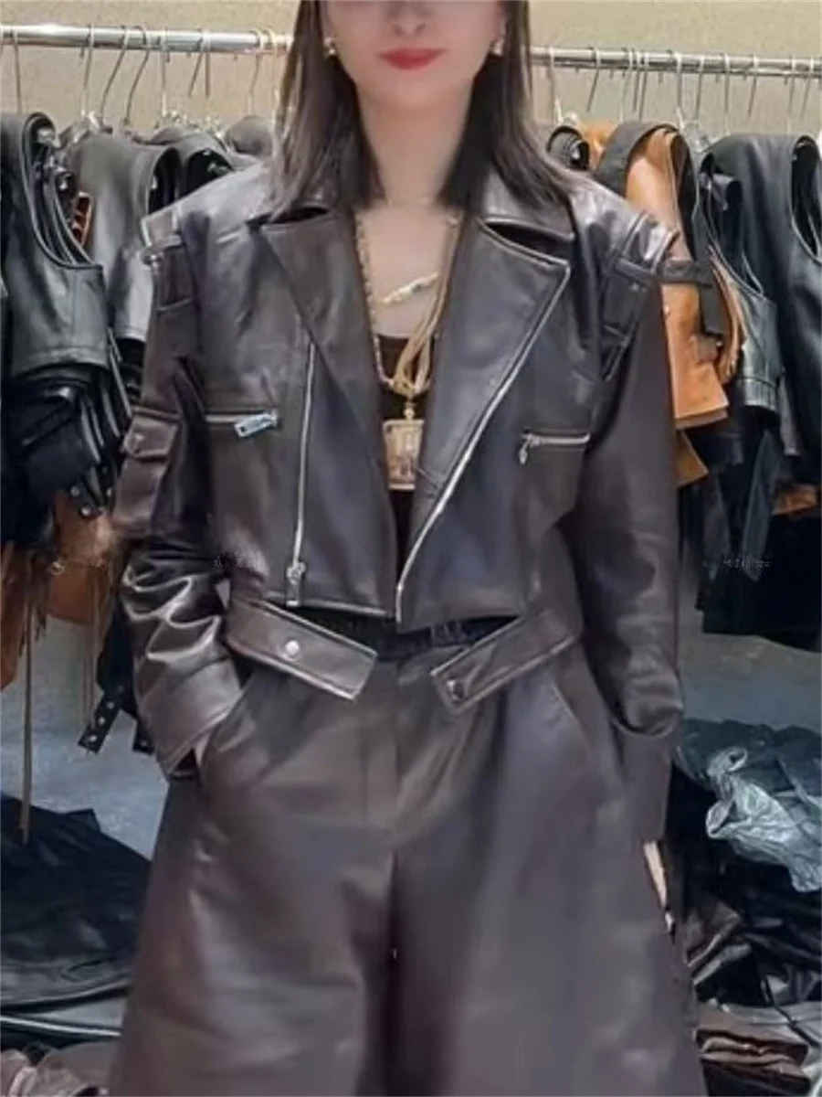 

Faionable ort Leather Jaet Women's Slim Fit Biker Coat Oil Wax Leather Zipper Design Commute Sle eep Skin Coat