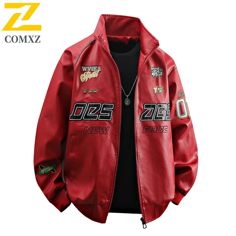

COMXZ Мужская кожаная куртка, повседневная куртка с воротником-стойкой, ветрозащитное пальто для езды на велосипеде, удобная легкая осенняя одежда с буквенным дизайном