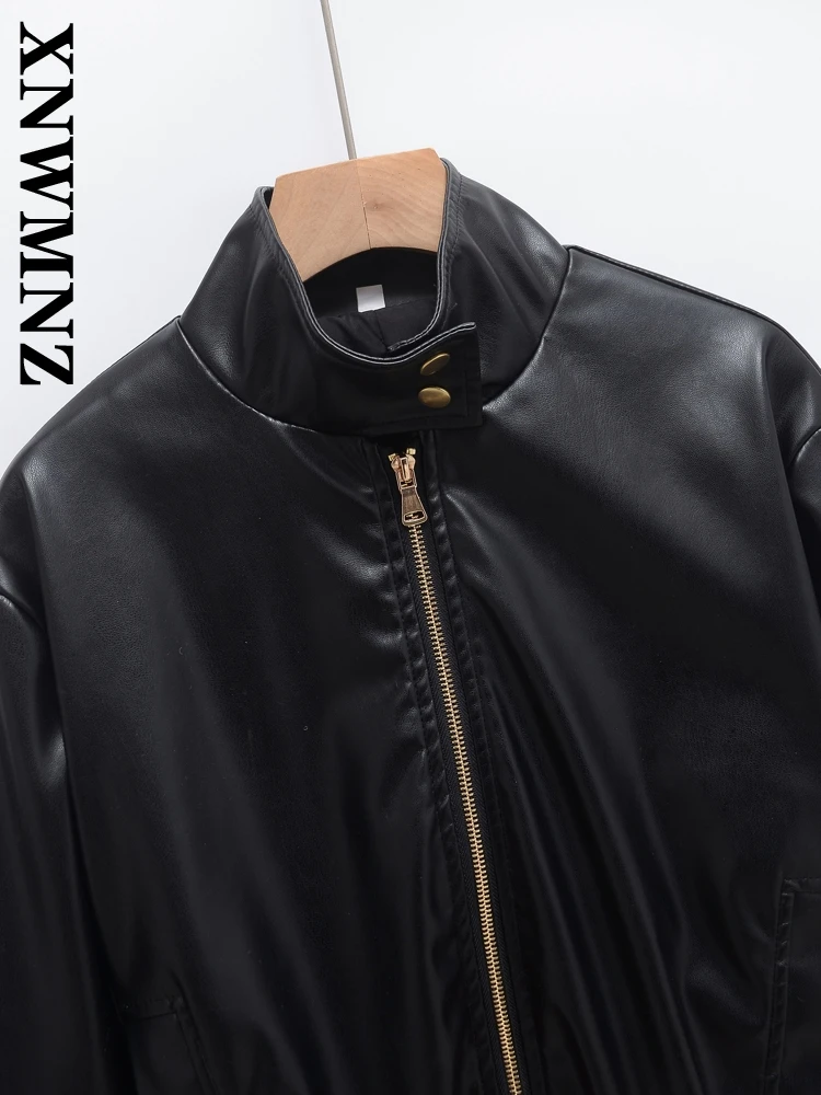 XNWMNZ 2024 Autumn Woman Hipster Long Sleeve Faux Leather Top Outerwear Party Woman's Stand Collar Coat zipper Leather Jacket