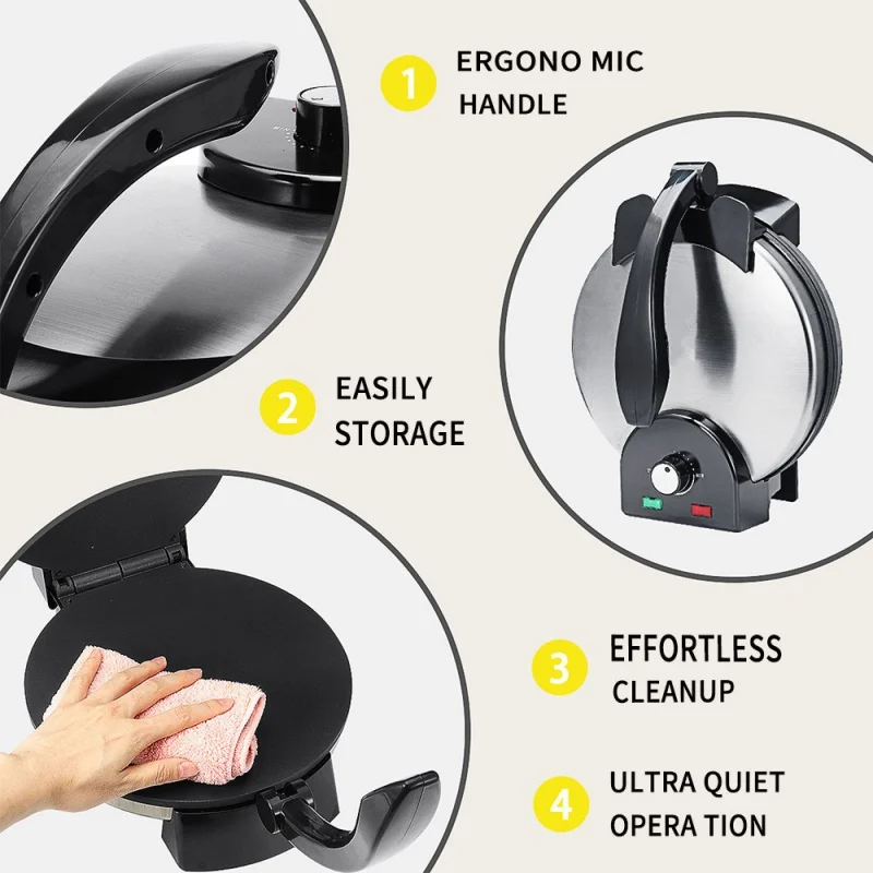 صانعة التورتيلا الكهربائية، صانعة الشاباتي الهندية غير اللاصقة مع مقبض التحكم في درجة الحرارة، غطاء من الفولاذ المقاوم للصدأ لسهولة الطبخ،