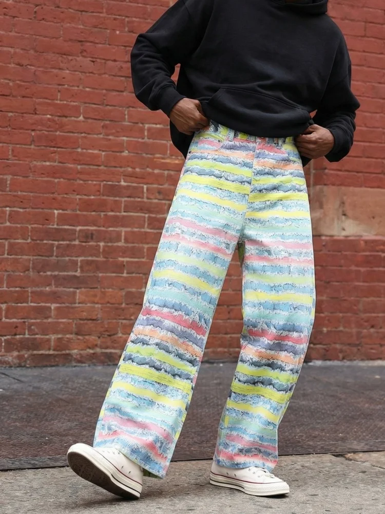 

2026 Ropa Y2K Fashion 3D Striped Printed Patchwork Baggy Jeans Pants For Men Clothing Straight Long Trousers Pantalones Hombre