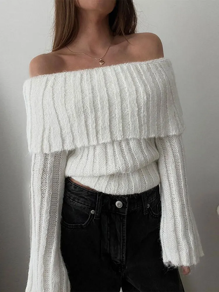 

White Warm Knitwear Sweater 2023 Autumn Chic Female Street Jumper Rib Knit Off Shoulder Pullover For Women Fashion Long Sleeved