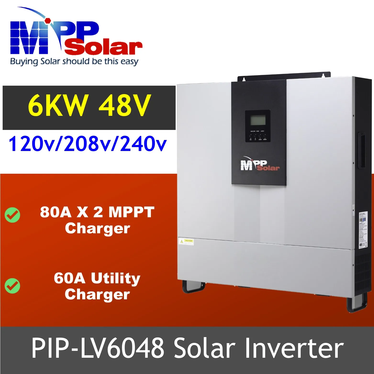 LV6048 6000W 48V 110V/220V Split Phase AC to AC Dual 'MPPT Solar Inverter Pure Sine Wave 60A Battery Charger