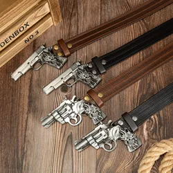 The ghost head element pistol craftsmanship large buckle striped PU embossed button personalized casual men's belt