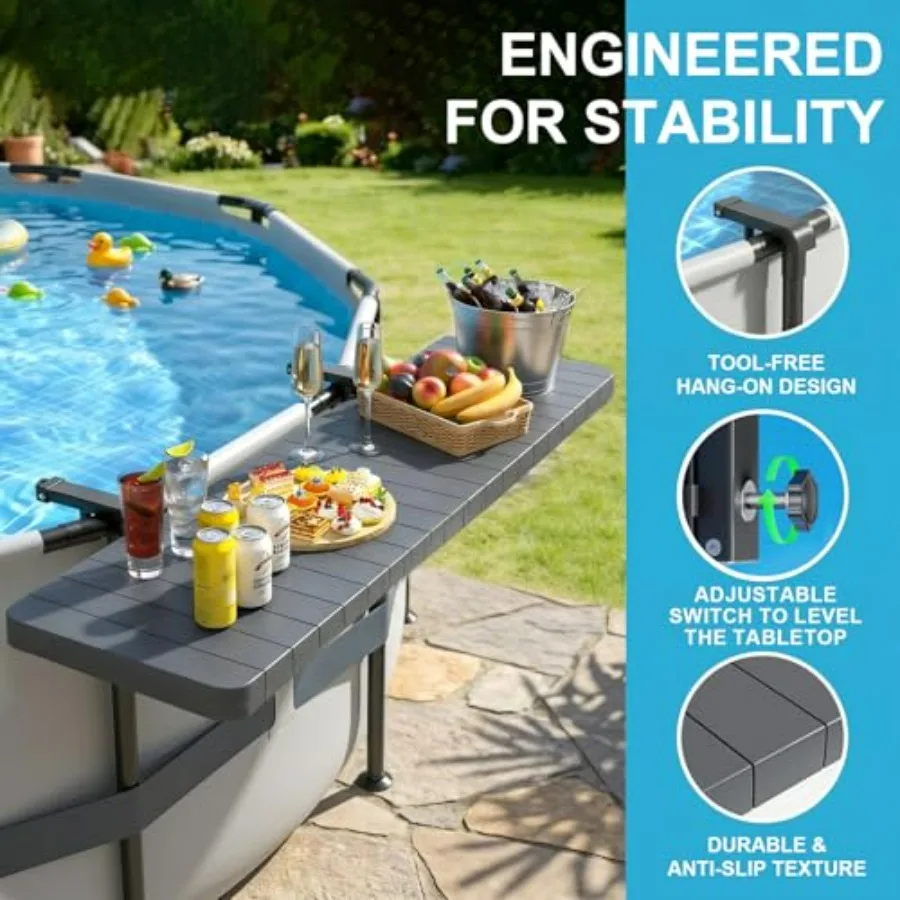 Poolside Bar Table for Above Ground Pool, Dark Gray Weather-Resistant Polyethylene, Holds 110 lbs, Easy-Clean Hanging Swim-Up D