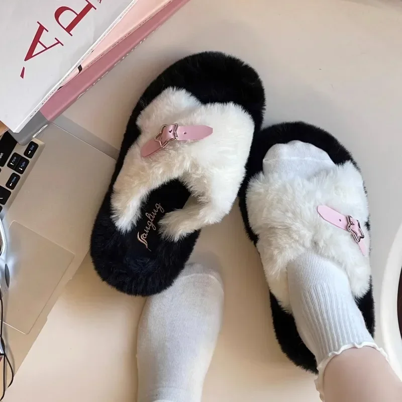 Autumn and Winter Cotton Slippers For Women Cartoon Korean Fashionable Outdoor Light Plush Soft  Flat Plush Slippers