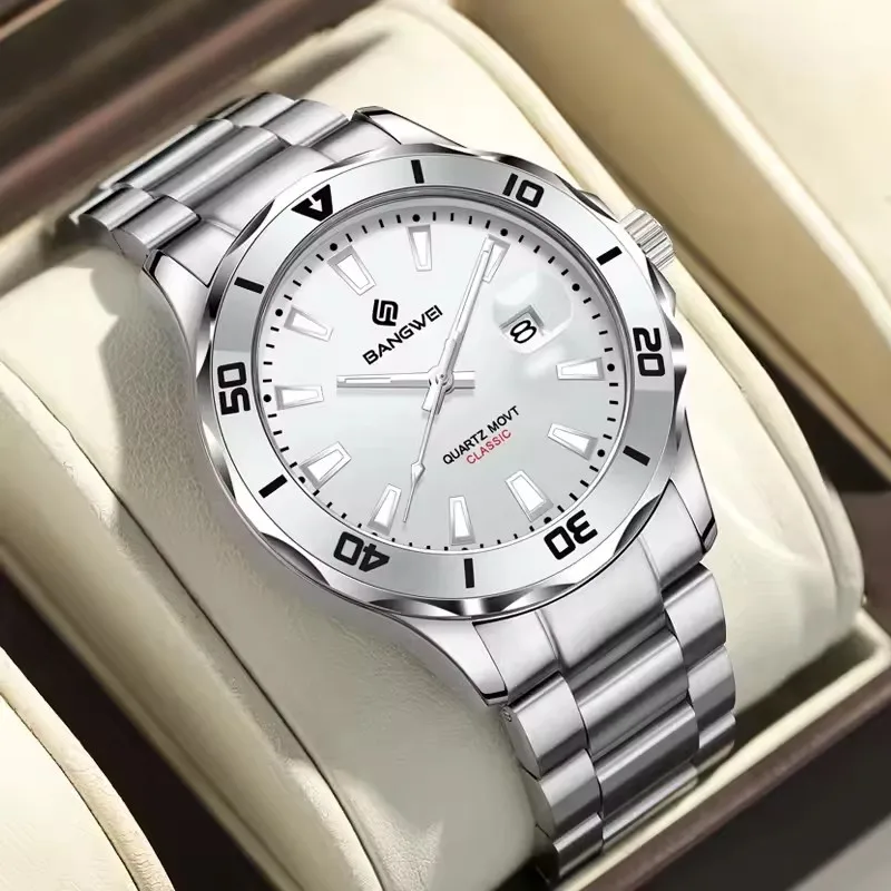 Часы мужские модные спортивные часы для мужчин круглые из нержавеющей стали водонепроницаемые сильные светящиеся календари мужские кварцевые наручные часы (без коробки)