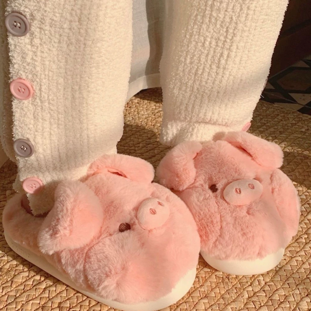 Cute Piggy Winter New Women Slipper Soft Heel Platform Fur Warm Indoor Comfortable Home Fluffy Home Slippers