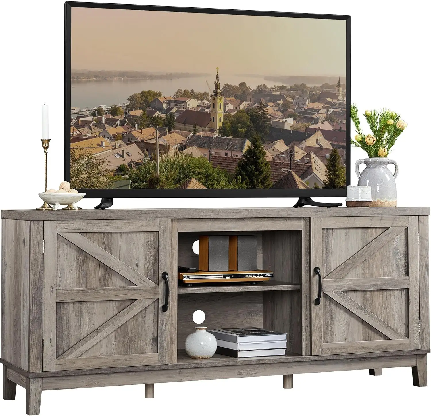 Farmhouse TV Stand para sala de estar, centro de entretenimento com portas duplas, cinza, 65 polegadas