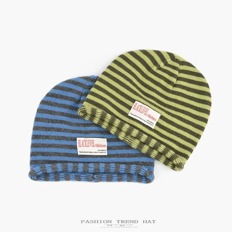 Japanese Striped Loose-fitting Rolled-brim Cold Hat Unisex Autumn and Winter Warm Ear-covering Knitted Pullover Beanie Cap