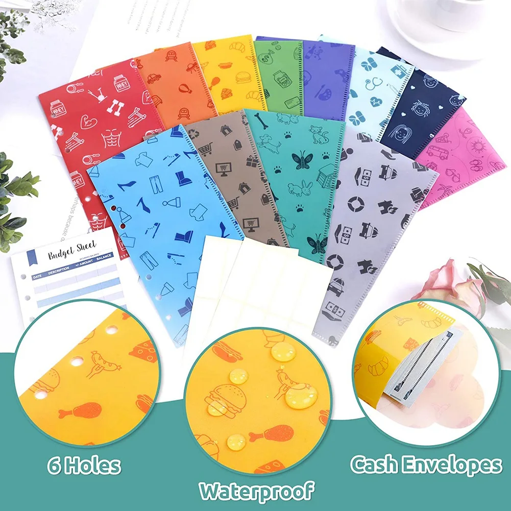 Envelopes de orçamento HJ-12 com pasta de orçamento A6, sistema de envelopes de dinheiro de plástico à prova d'água durável de 12 para planejador de orçamento