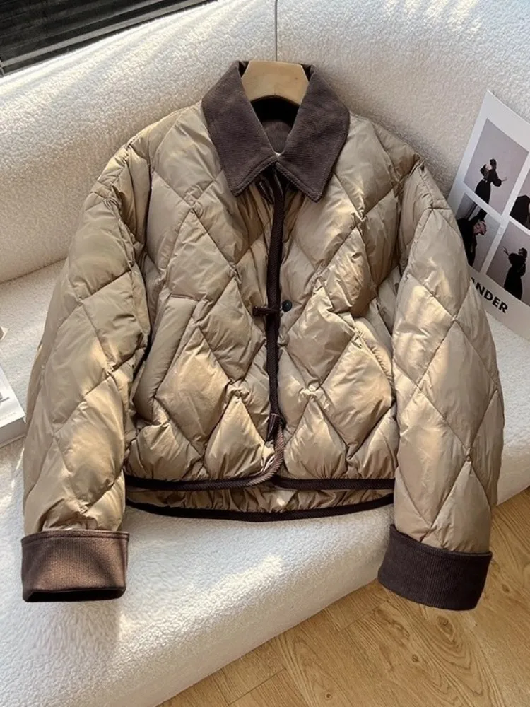 Inverno das mulheres curto para baixo casaco de veludo emendado turndown colarinho puffer jaqueta zíperes casual quente outerwear argyle venda quente casacos