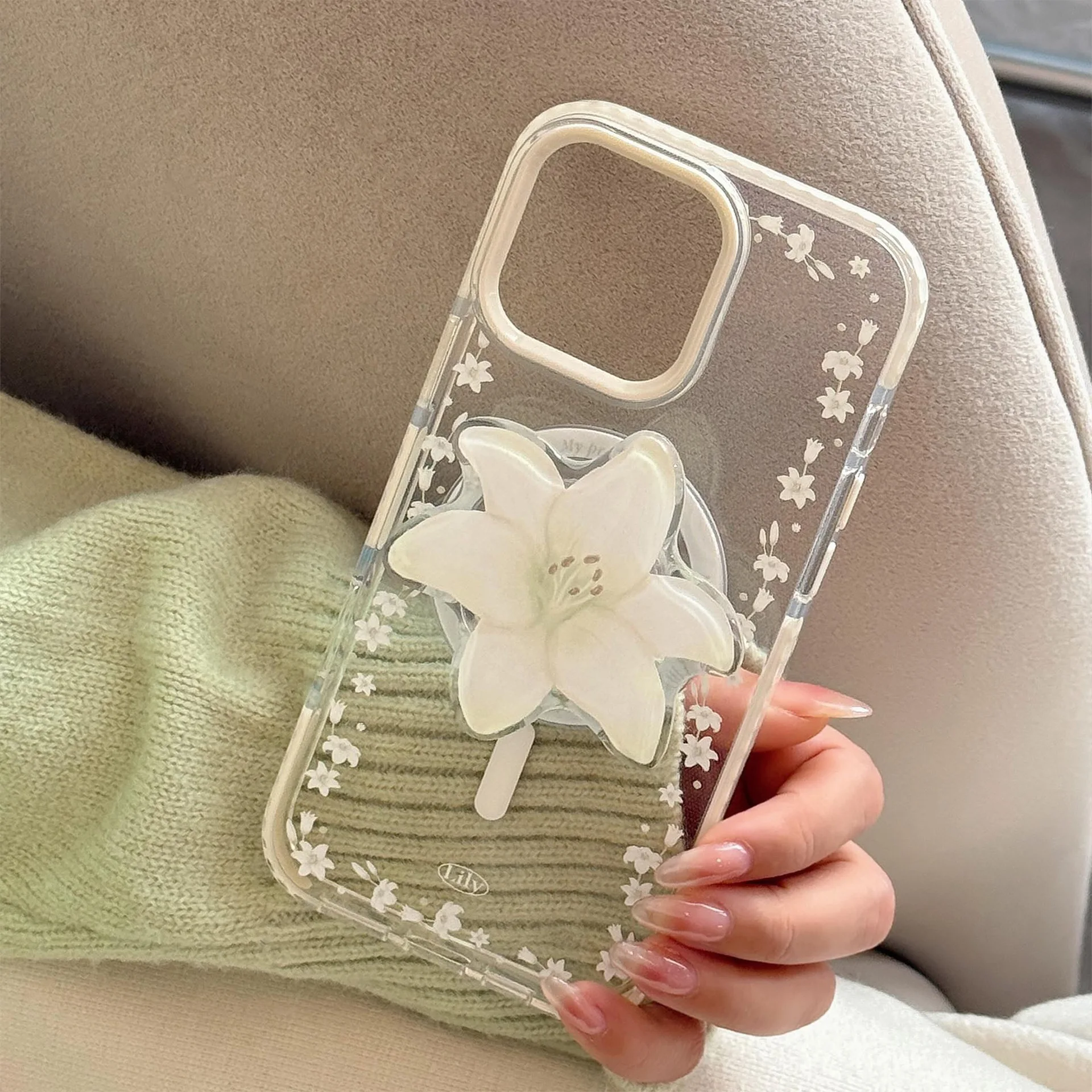 Koreanische Lilienblumen-Handyhülle mit magnetischer Halterung für iPhone 17, 16, 15, 14, 13, 12, Pro Max 11, transparente, stoßfeste Schutzhülle