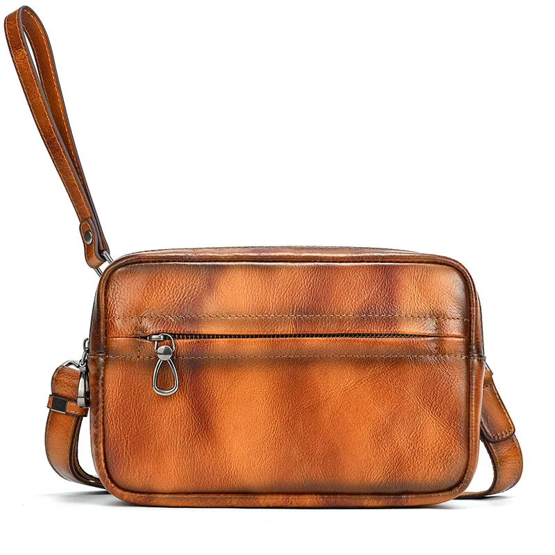New Vintage Burnished Vegetable-Tanned Leather Shoulder Bag, 2-Way Clutch & Crossbody Bag for Men & Women