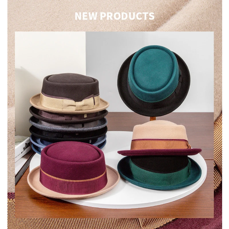 Winter 100% Wool Fedora Hat For Women Elegant British Felt Hats Flat Top Ladies Hat Wedding Party Curled Edge Fedoras With a Bow