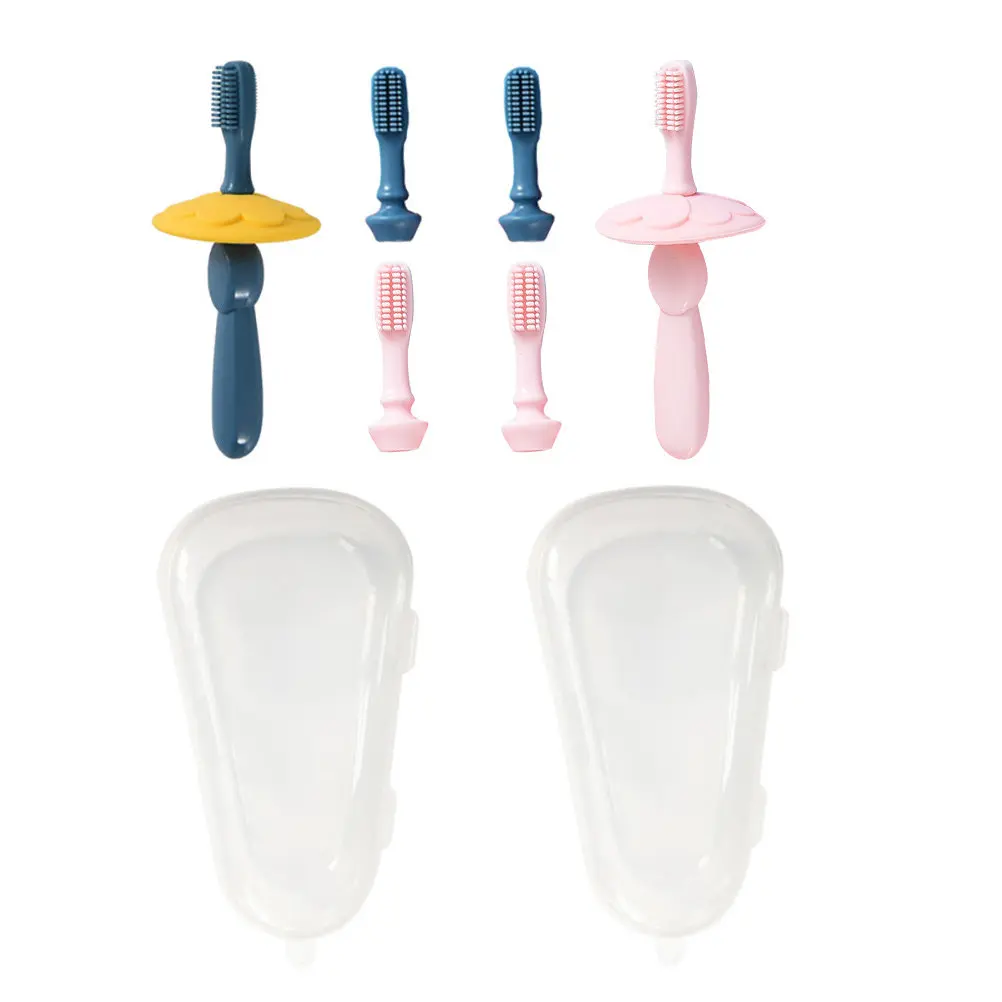 

Children's Toothbrush 2 Sets Baby Training Silicone Travel Infant Detachable Brush Head Petal Baffle Prevent Throat Penetration