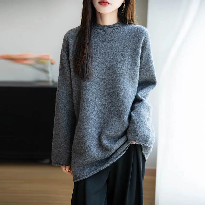 

MEETCC Women's 100% Merino Wool Loose O Neck Pullover Cashmere Autumn Winter Soft Warm Sweater Solid Color Knitwear Clothings