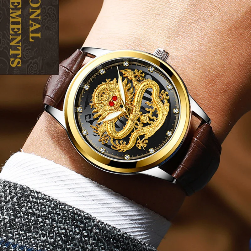 FNGEEN Orologio da uomo ultrasottile di moda di lusso modello drago orologio da uomo al quarzo impermeabile color oro luminoso Relogio Masculino