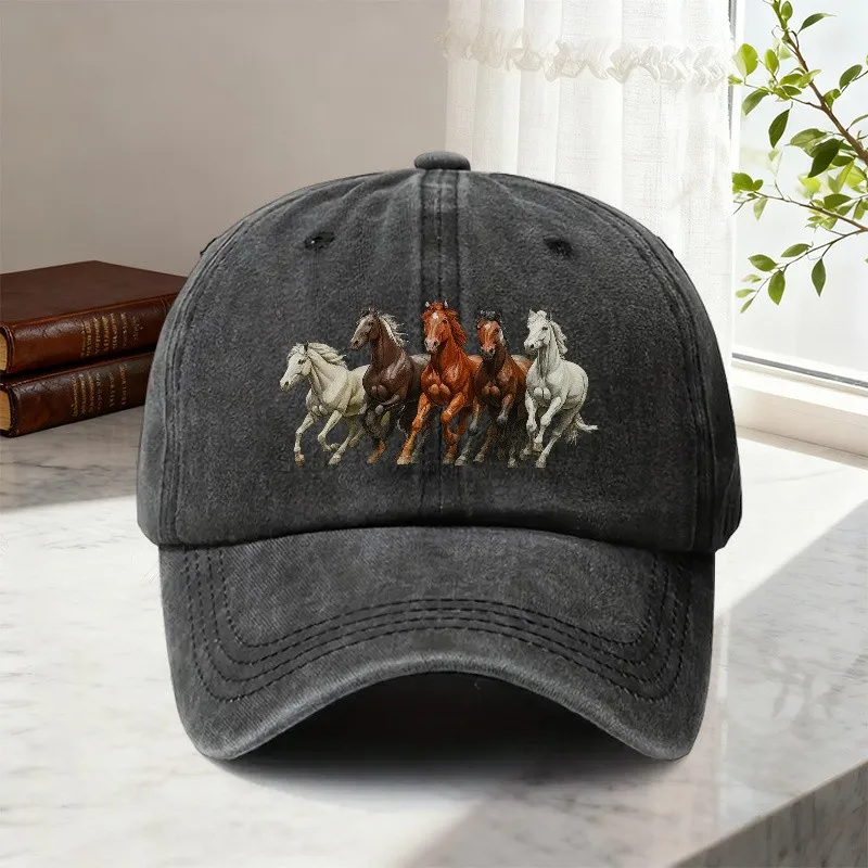 Galloping Horse Print Baseball Cap Unisex Adjustable Cotton Washed Denim Cap for Horse Racing Events Daily Wear