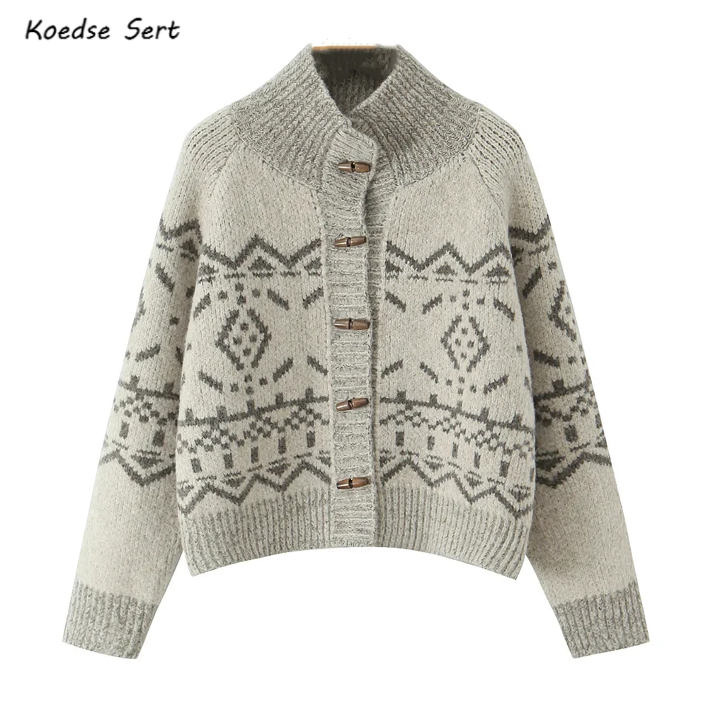 

2025 милый кремово-белый вязаный кардиган на пуговицах Pointelle, свитер, женский жаккардовый джемпер с длинными рукавами и лацканами, укороченный трикотаж