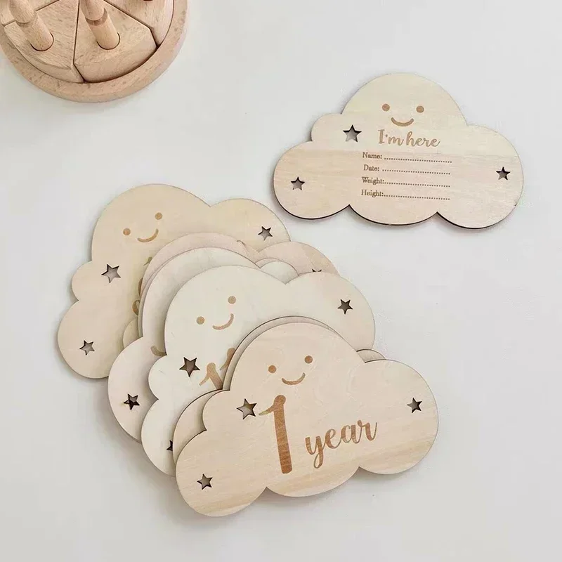 8 unid/set de tarjeta de hito de madera para bebé recién nacido, accesorios de fotografía con forma de nube bonita, tarjetas de mes, pegatina, regalos para recién nacidos