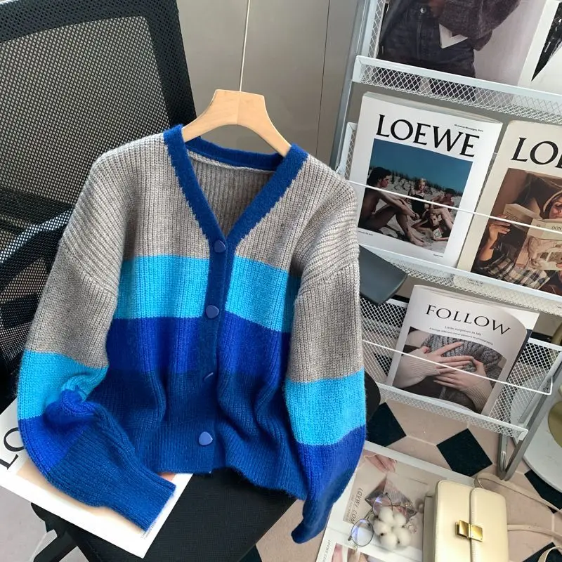 

Blue Striped V-neck Knitted Sweater Jacket for Women's Autumn and Winter New Style Loose Retro Cardigan Short Top