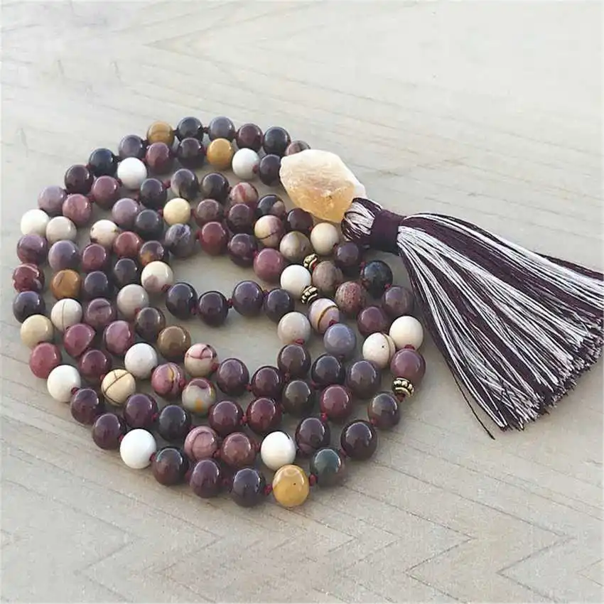 

Natural Mookaite Jasper Mala Beads Necklace 108 Beads with Citrine Pendant & Burgundy Tassel Healing Crystal Jewelry