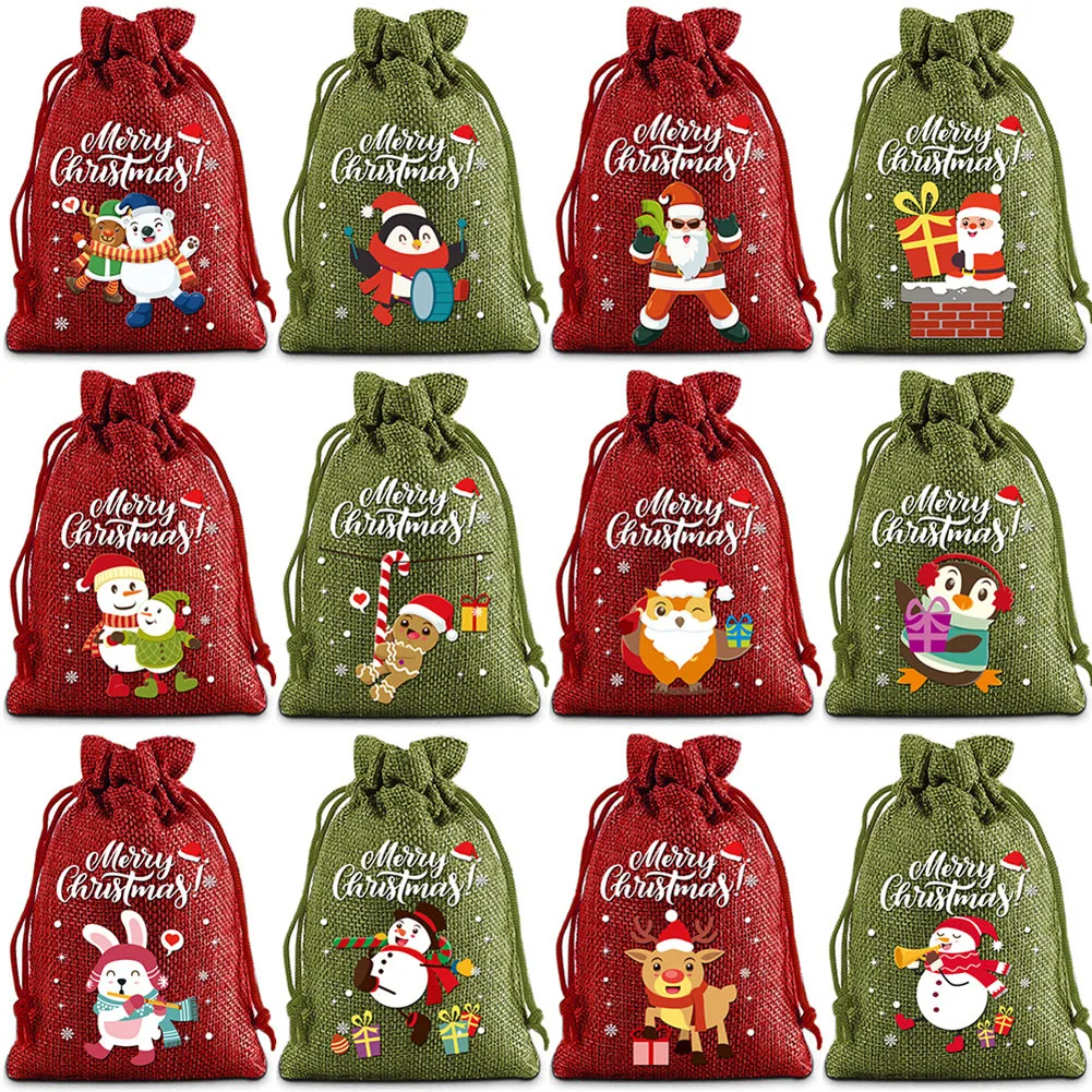 12PCS 10*14cm Christmas Wrapping Bag Linen Fabric Drawstring Bag For DIY Xmas Party Present Packaging Bag Christmas Supplies