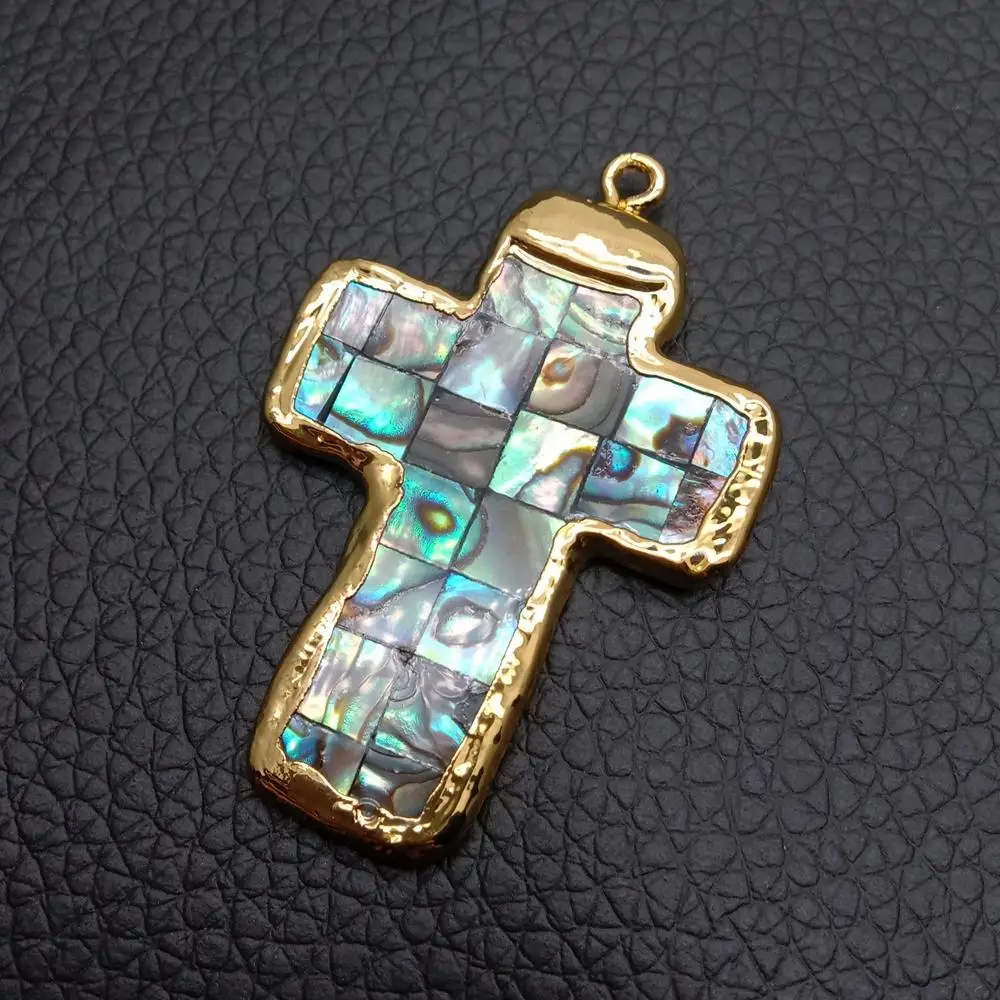 5 Pcs Multi Color Abalone Shell 30x45mm Crucifix Pendant Gold Plated For Jewelry Making