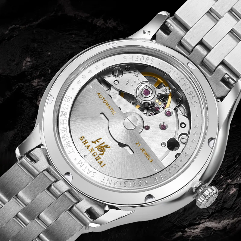 شنغهاي ساعة رجالية ساعة ميكانيكية أوتوماتيكية ماركة فاخرة موضة الياقوت حزام معدني تقويم مزدوج ساعة مقاومة للماء 3085