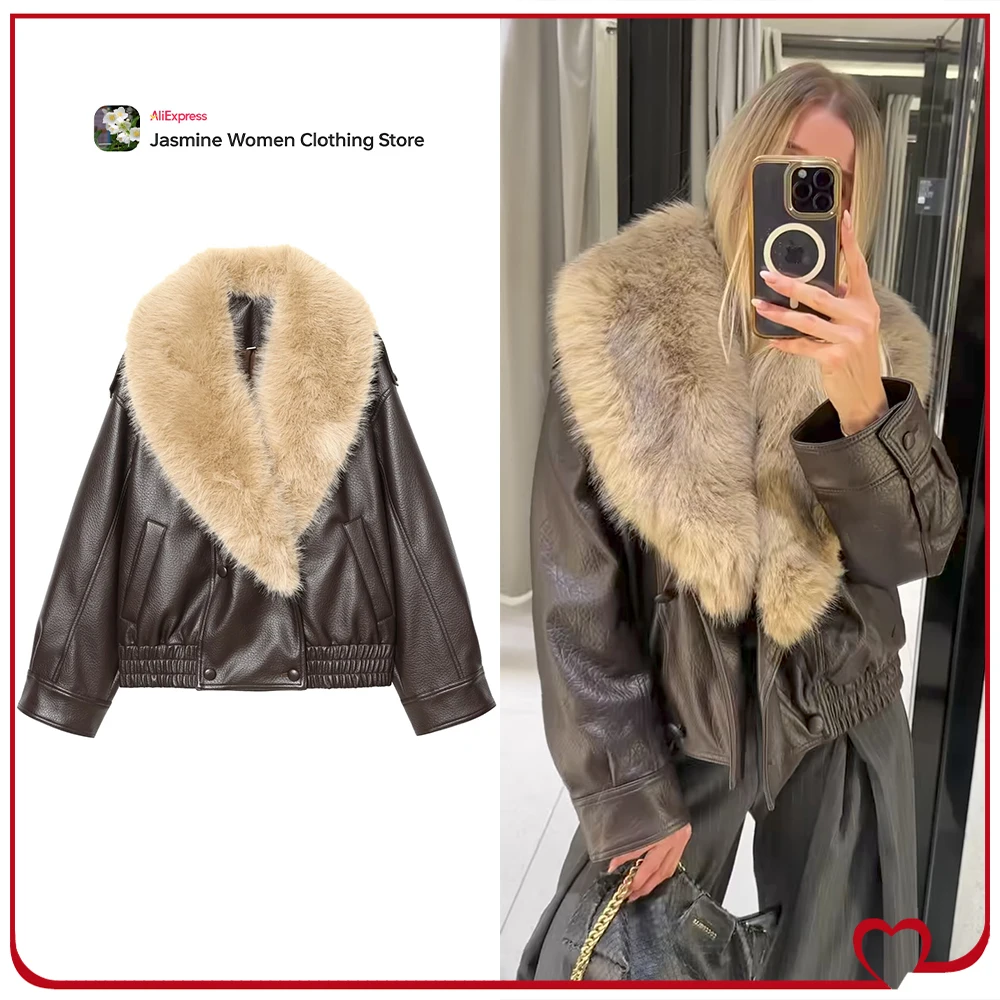 Stylish Women Faux Leather Jackets with Removable Collar Elegant Chic Brown Outwears with Notched Lapel Collar and Faux Fur Trim